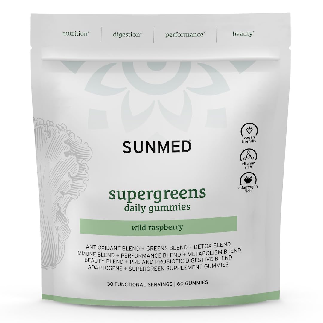 SUNMED Supergreens Daily Gummies – Wellness Blend with Ashwagandha, Green Tea, Spirulina, Probiotics, Antioxidants & Detox Support for Immunity, Gut, Skin & Brain Health | Wild Raspberry, 60ct - dailyvitalstore