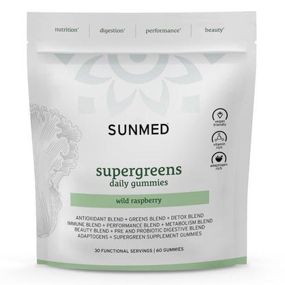 SUNMED Supergreens Daily Gummies – Wellness Blend with Ashwagandha, Green Tea, Spirulina, Probiotics, Antioxidants & Detox Support for Immunity, Gut, Skin & Brain Health | Wild Raspberry, 60ct - dailyvitalstore