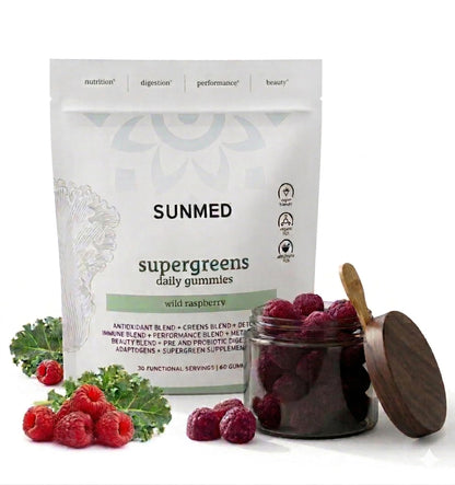 SUNMED Supergreens Daily Gummies – Wellness Blend with Ashwagandha, Green Tea, Spirulina, Probiotics, Antioxidants & Detox Support for Immunity, Gut, Skin & Brain Health | Wild Raspberry, 60ct - dailyvitalstore