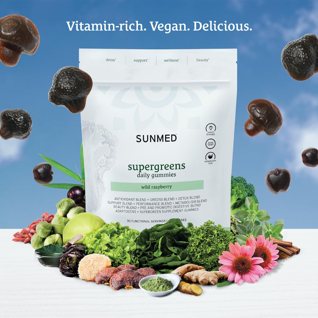 SUNMED Supergreens Daily Gummies – Wellness Blend with Ashwagandha, Green Tea, Spirulina, Probiotics, Antioxidants & Detox Support for Immunity, Gut, Skin & Brain Health | Wild Raspberry, 60ct - dailyvitalstore