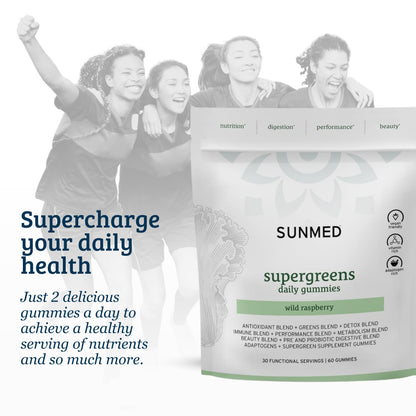 SUNMED Supergreens Daily Gummies – Wellness Blend with Ashwagandha, Green Tea, Spirulina, Probiotics, Antioxidants & Detox Support for Immunity, Gut, Skin & Brain Health | Wild Raspberry, 60ct - dailyvitalstore