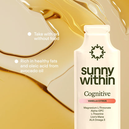 Sunny Within - Brain Health Supplement - Magnesium L-Threonate from Magtein®, Lion’s Mane, Alpha GPC, L-Theanine, ALA & Avocado Oil - Focus, Mood & Memory Support* - 30 Daily Vegan Pouches - dailyvitalstore