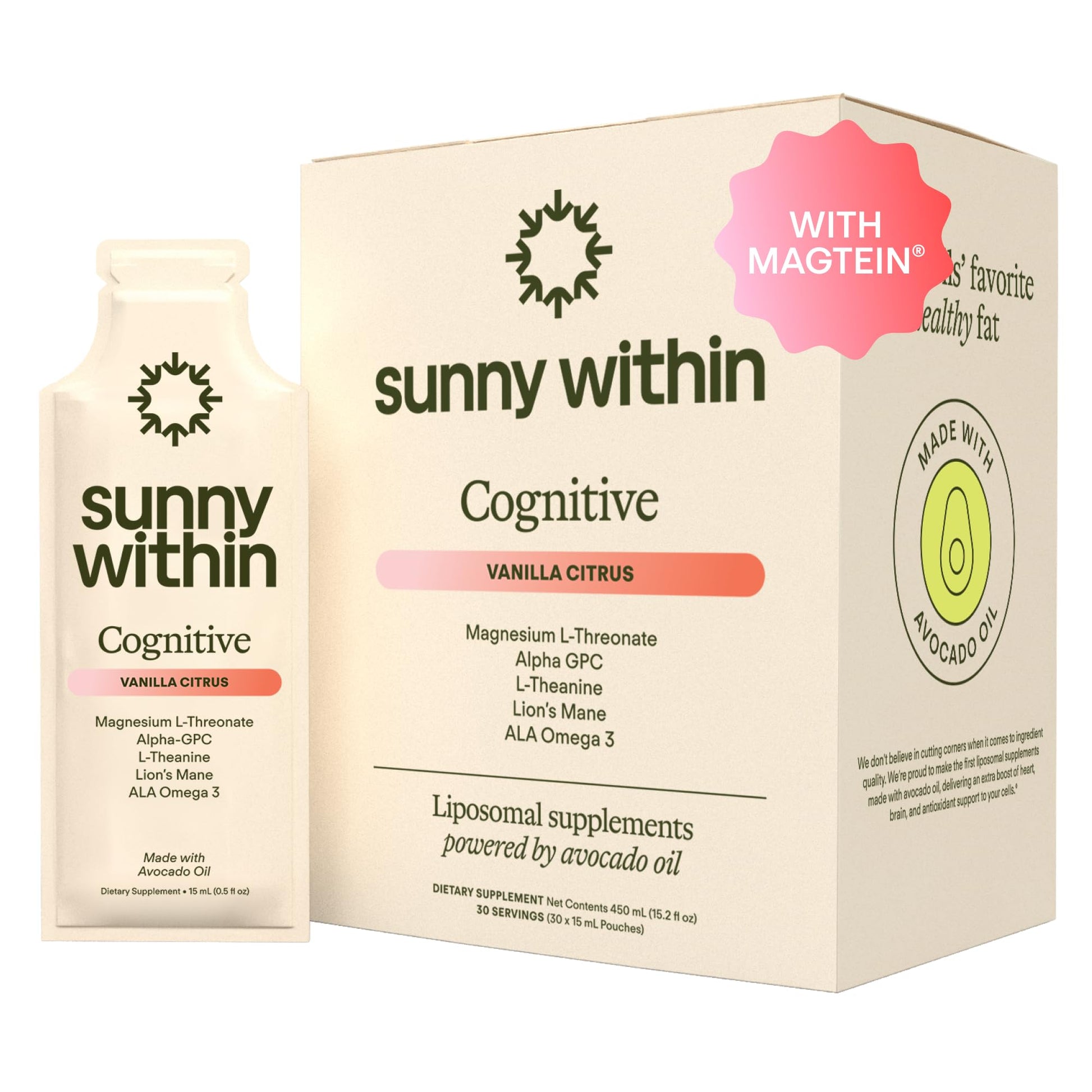 Sunny Within - Brain Health Supplement - Magnesium L-Threonate from Magtein®, Lion’s Mane, Alpha GPC, L-Theanine, ALA & Avocado Oil - Focus, Mood & Memory Support* - 30 Daily Vegan Pouches - dailyvitalstore