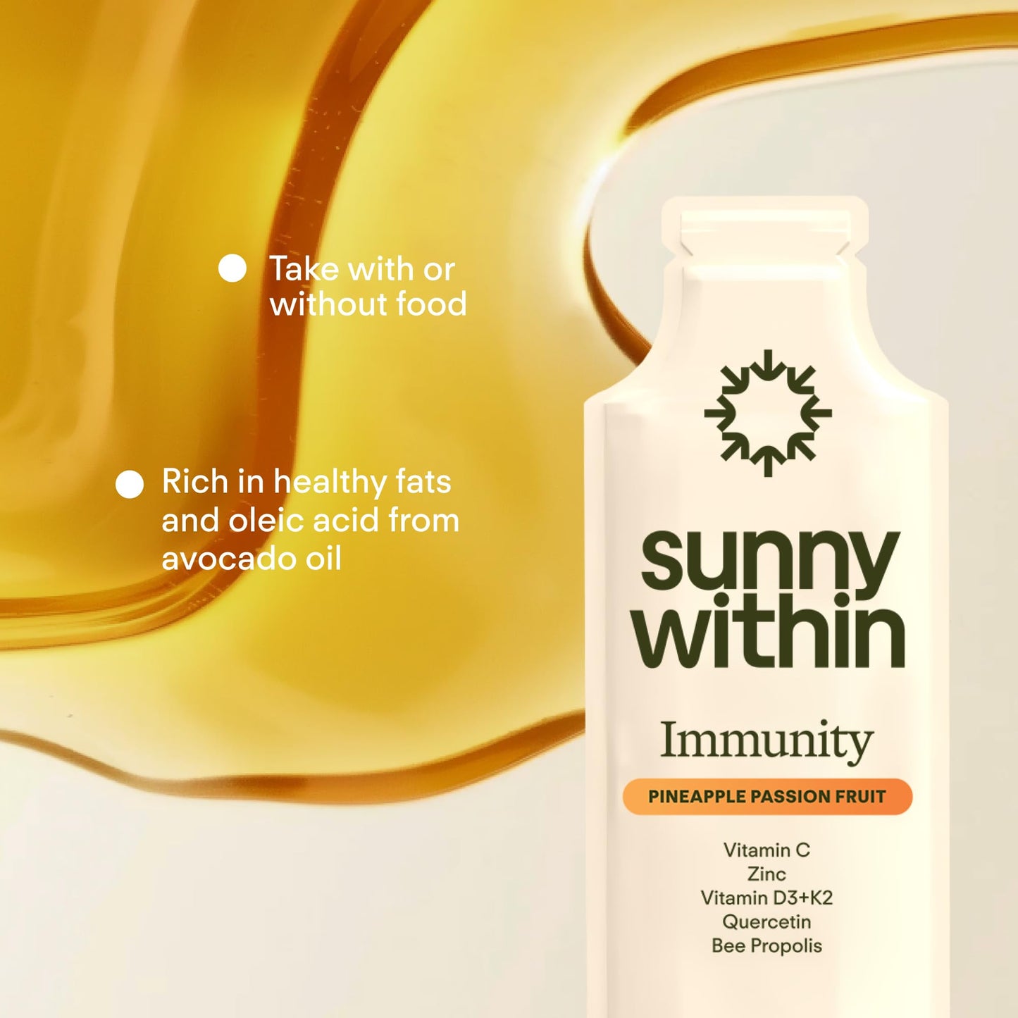 Sunny Within Immunity - 6-in-1 Liposomal Vitamin C Packets, Zinc, D3 + K2, Quercetin, Bee Propolis & Avocado Oil - Antioxidant Liquid Supplement for Immunity, Skin & Bone* - 30 Pouches - dailyvitalstore