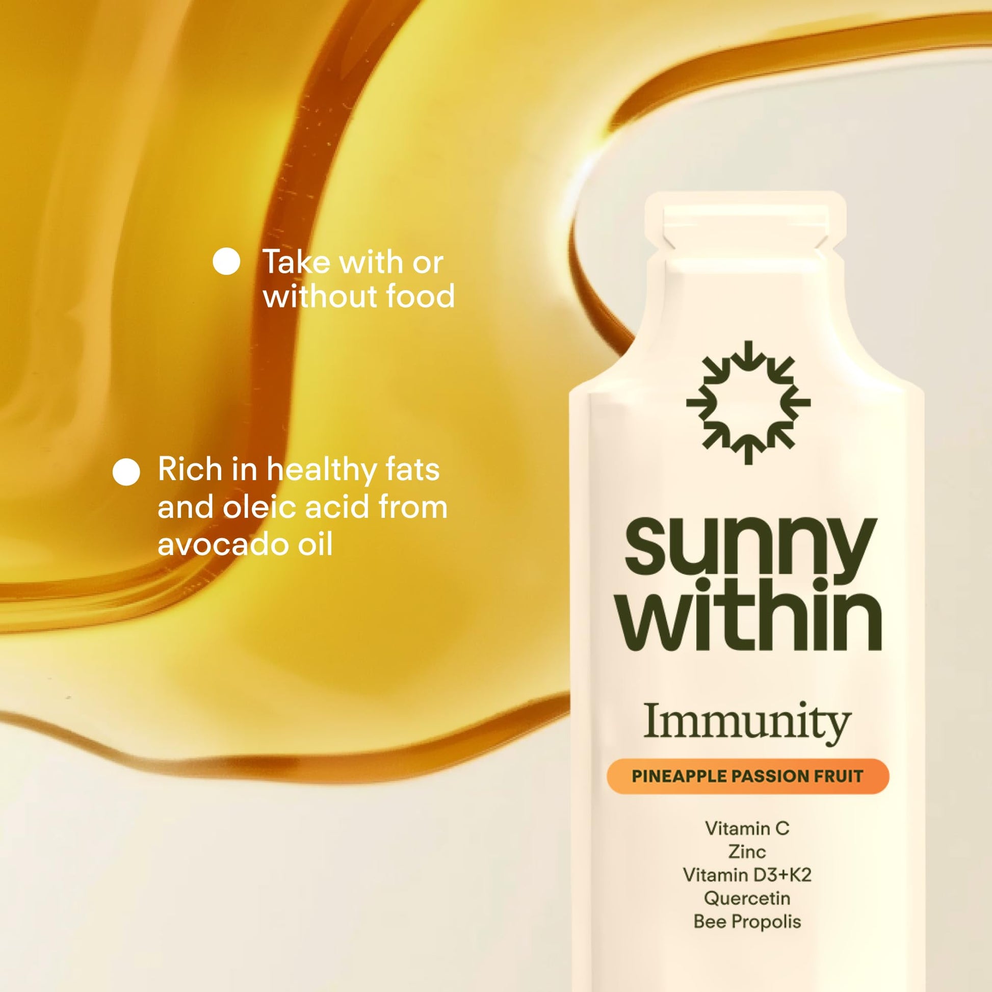 Sunny Within Immunity - 6-in-1 Liposomal Vitamin C Packets, Zinc, D3 + K2, Quercetin, Bee Propolis & Avocado Oil - Antioxidant Liquid Supplement for Immunity, Skin & Bone* - 30 Pouches - dailyvitalstore