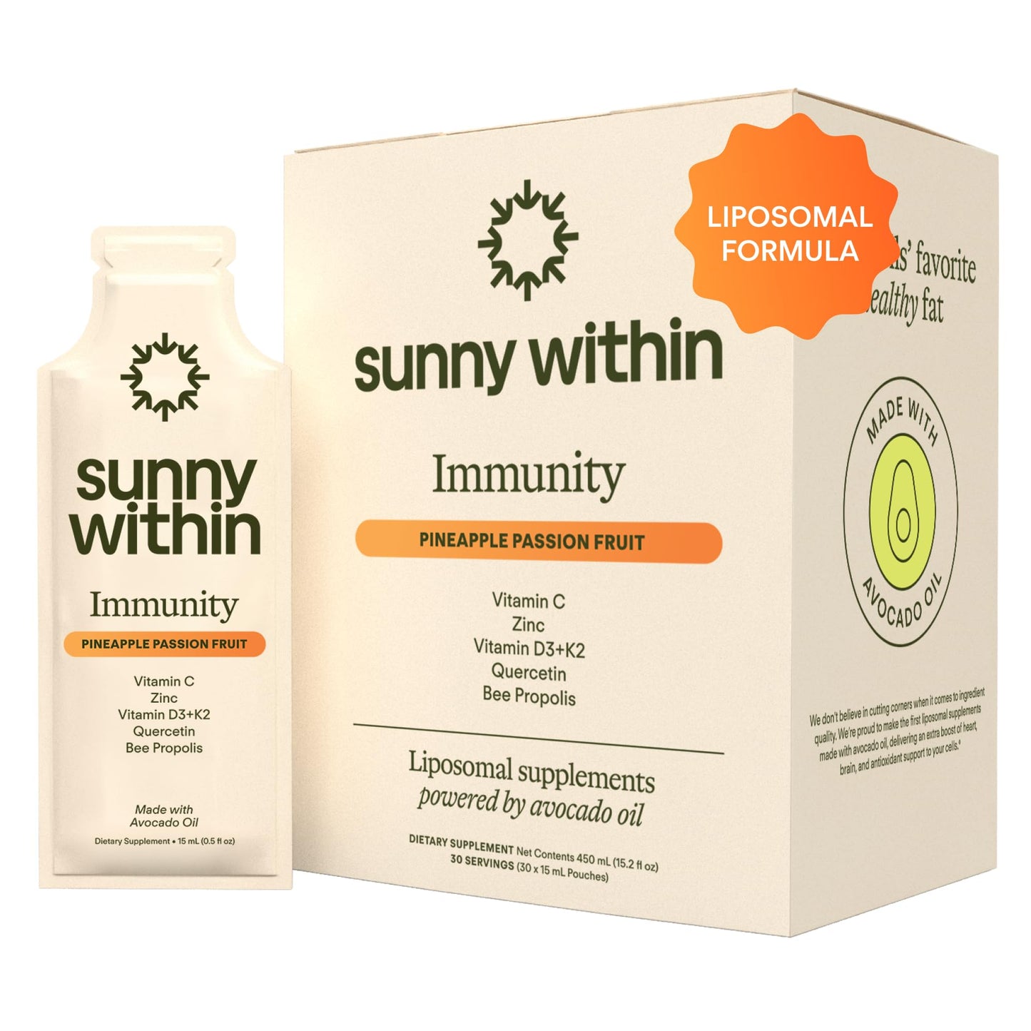 Sunny Within Immunity - 6-in-1 Liposomal Vitamin C Packets, Zinc, D3 + K2, Quercetin, Bee Propolis & Avocado Oil - Antioxidant Liquid Supplement for Immunity, Skin & Bone* - 30 Pouches - dailyvitalstore