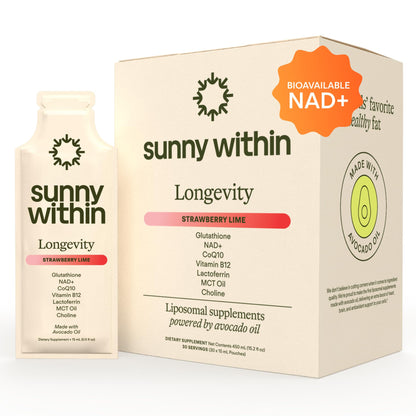 Sunny Within - Liposomal Glutathione Supplement NAD+ Longevity Mix w/Liquid NAD+, CoQ10, B12, MCT & Avocado Oil – Cellular Health, Energy, Brain, Gut & Heart Support* – Strawberry Lime – 30 Pouches - dailyvitalstore