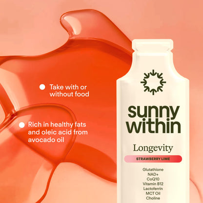 Sunny Within - Liposomal Glutathione Supplement NAD+ Longevity Mix w/Liquid NAD+, CoQ10, B12, MCT & Avocado Oil – Cellular Health, Energy, Brain, Gut & Heart Support* – Strawberry Lime – 30 Pouches - dailyvitalstore