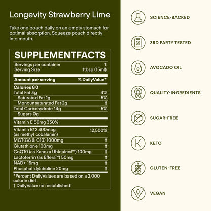 Sunny Within - Liposomal Glutathione Supplement NAD+ Longevity Mix w/Liquid NAD+, CoQ10, B12, MCT & Avocado Oil – Cellular Health, Energy, Brain, Gut & Heart Support* – Strawberry Lime – 30 Pouches - dailyvitalstore