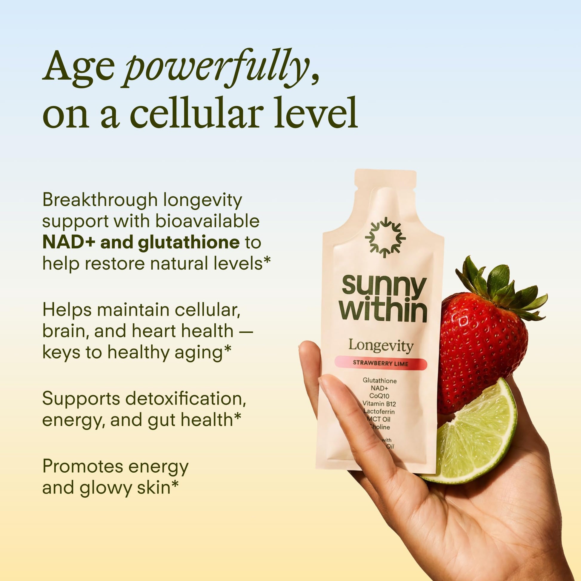 Sunny Within - Liposomal Glutathione Supplement NAD+ Longevity Mix w/Liquid NAD+, CoQ10, B12, MCT & Avocado Oil – Cellular Health, Energy, Brain, Gut & Heart Support* – Strawberry Lime – 30 Pouches - dailyvitalstore