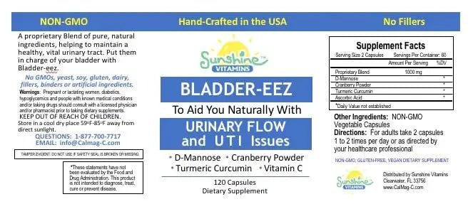 Sunshine Vitamins Bladder-EEZ | All-Natural Bladder Infection UTI Relief Support for Women with D-Mannose | Urinary Tract Infection Health with Immune System Support (1 Bottle of 120 Capsules) - dailyvitalstore