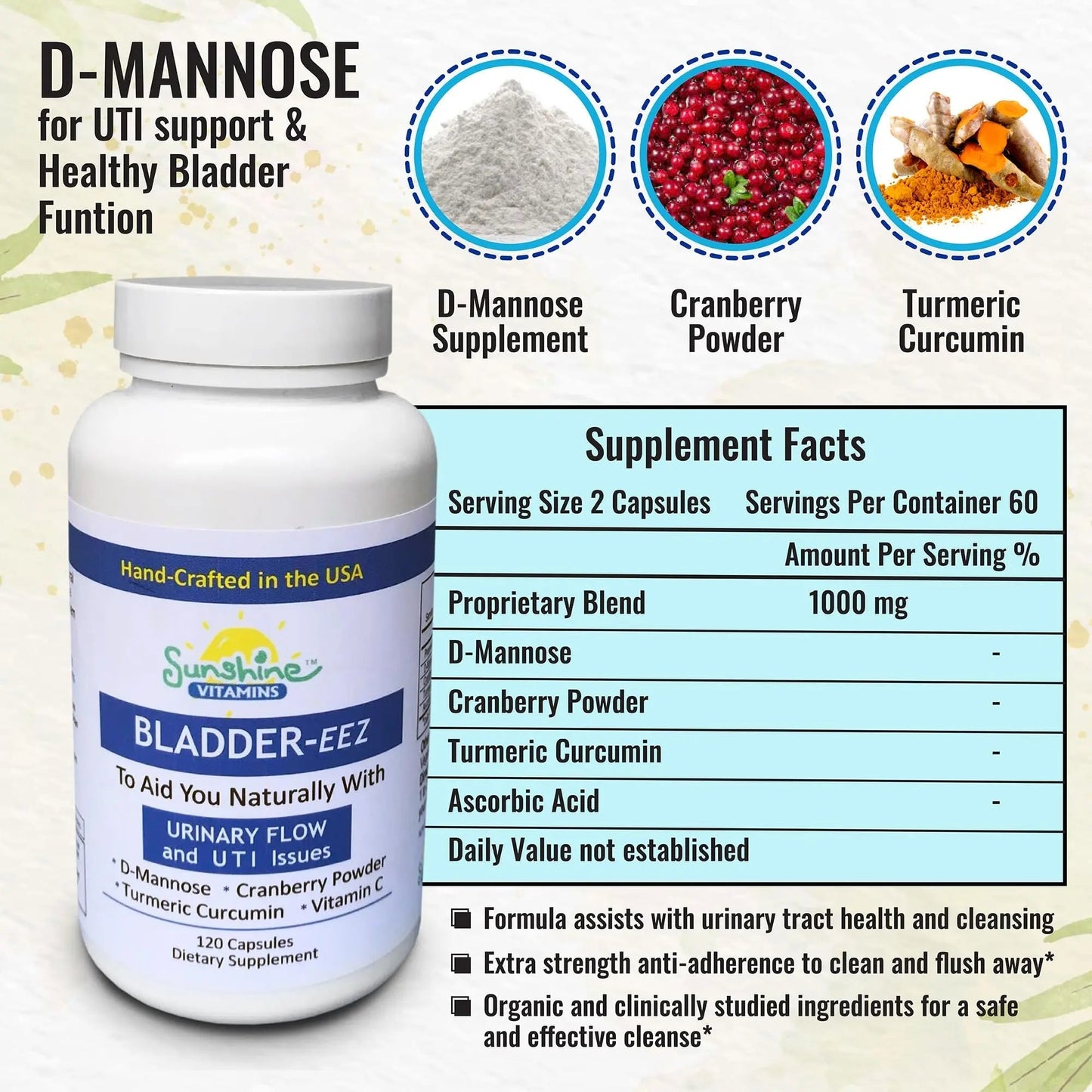 Sunshine Vitamins Bladder-EEZ | All-Natural Bladder Infection UTI Relief Support for Women with D-Mannose | Urinary Tract Infection Health with Immune System Support (1 Bottle of 120 Capsules) - dailyvitalstore