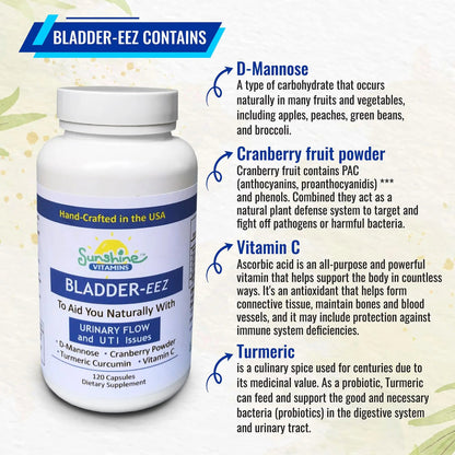 Sunshine Vitamins Bladder-EEZ | All-Natural Bladder Infection UTI Relief Support for Women with D-Mannose | Urinary Tract Infection Health with Immune System Support (1 Bottle of 120 Capsules) - dailyvitalstore