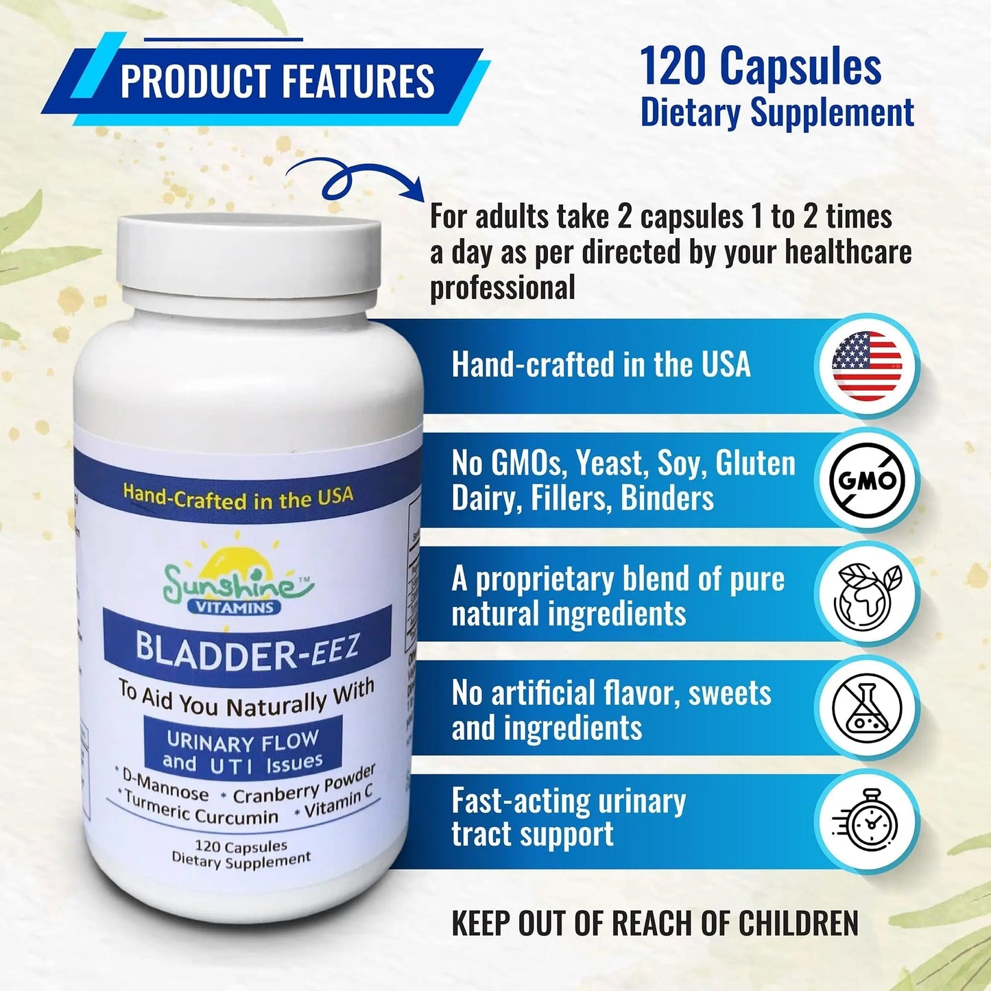 Sunshine Vitamins Bladder-EEZ | All-Natural Bladder Infection UTI Relief Support for Women with D-Mannose | Urinary Tract Infection Health with Immune System Support (1 Bottle of 120 Capsules) - dailyvitalstore