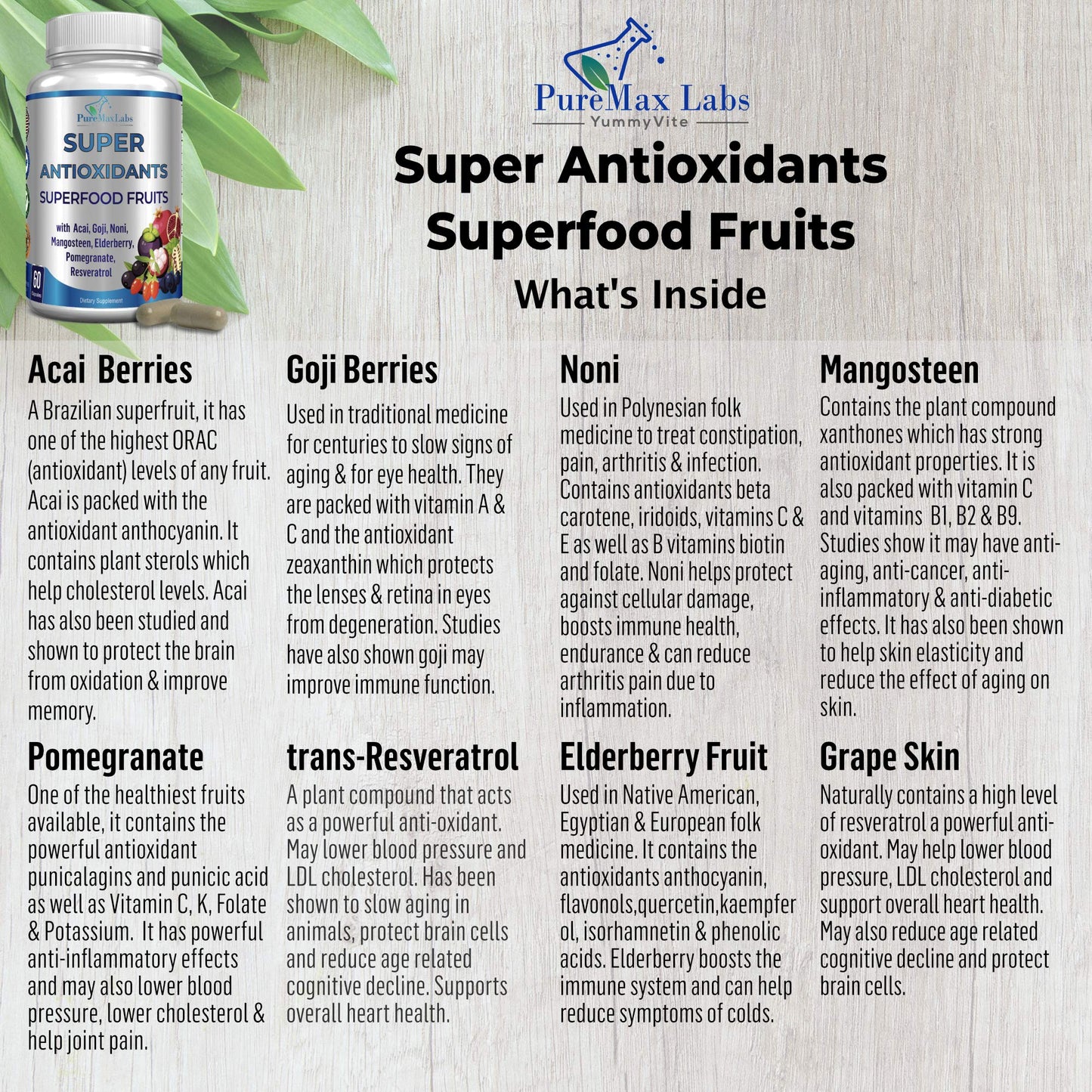 Super Antioxidant Fruit Superfood Complex - Powerful Antioxidant Superfruits, Acai, Goji, Noni, Mangosteen, Pomegranate, Elderberry, Resveratrol, - dailyvitalstore
