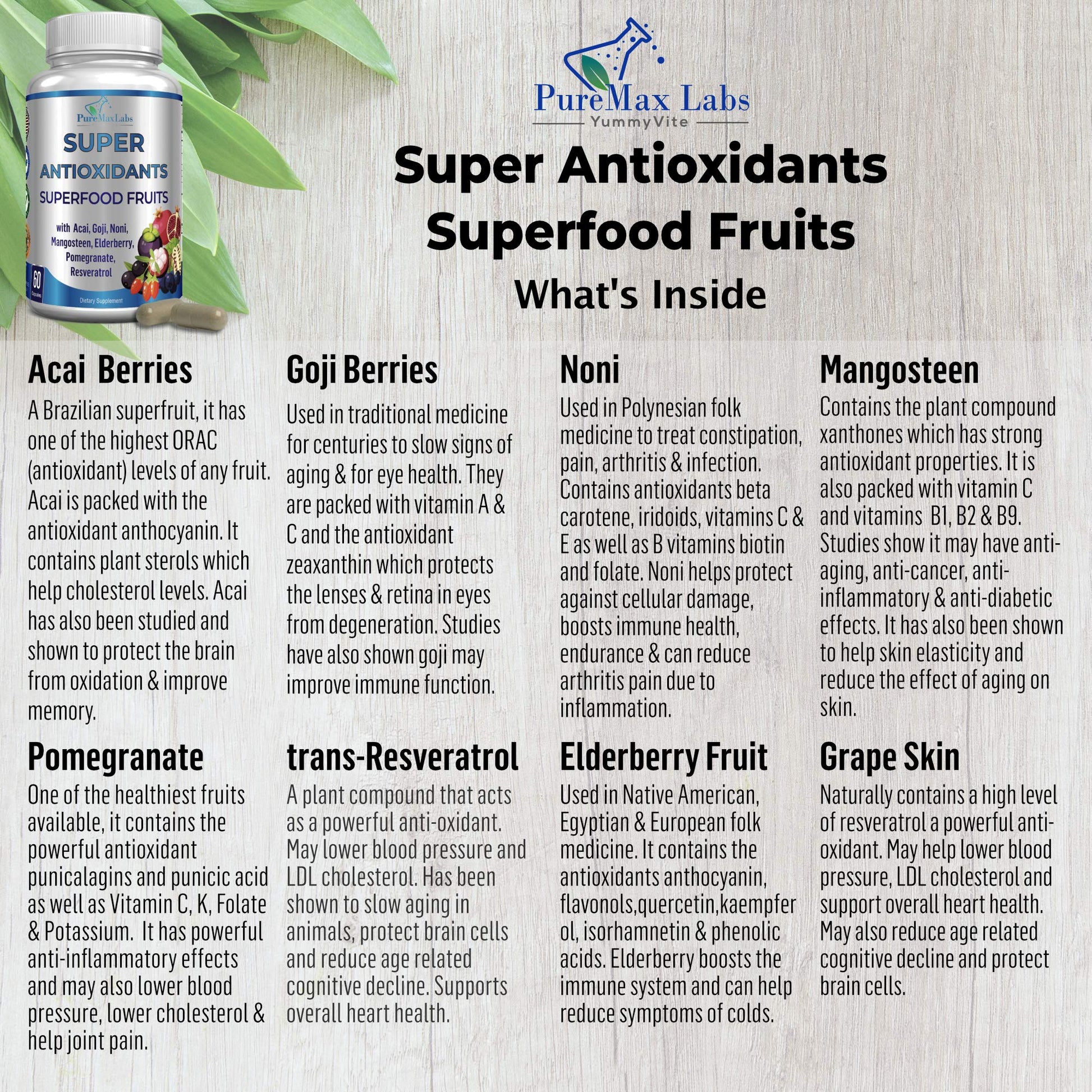 Super Antioxidant Fruit Superfood Complex - Powerful Antioxidant Superfruits, Acai, Goji, Noni, Mangosteen, Pomegranate, Elderberry, Resveratrol, - dailyvitalstore