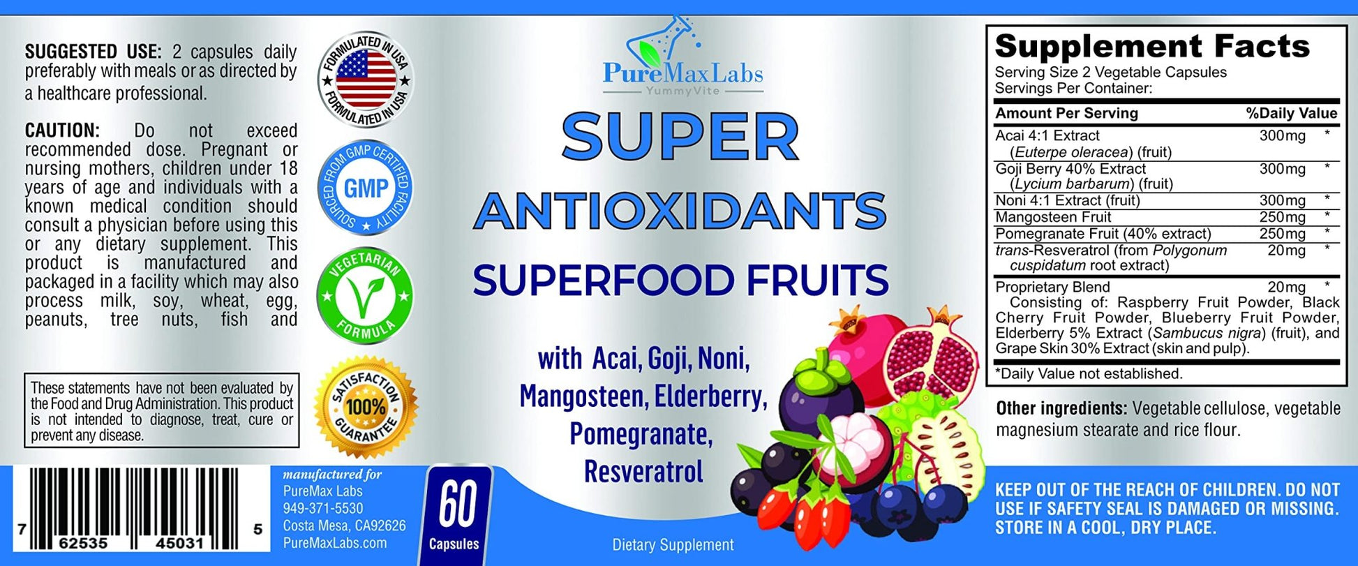 Super Antioxidant Fruit Superfood Complex - Powerful Antioxidant Superfruits, Acai, Goji, Noni, Mangosteen, Pomegranate, Elderberry, Resveratrol, - dailyvitalstore