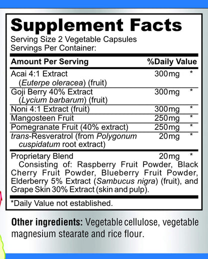Super Antioxidant Fruit Superfood Complex - Powerful Antioxidant Superfruits, Acai, Goji, Noni, Mangosteen, Pomegranate, Elderberry, Resveratrol, - dailyvitalstore