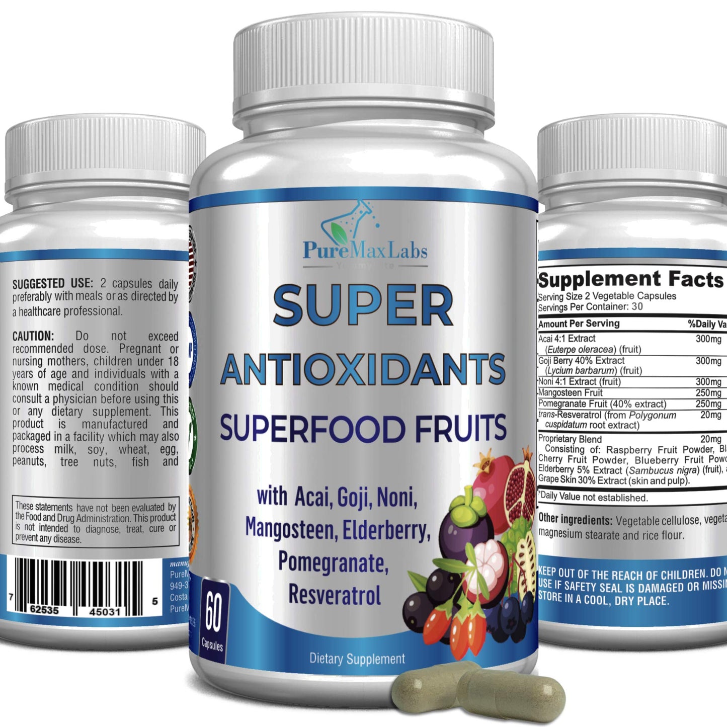 Super Antioxidant Fruit Superfood Complex - Powerful Antioxidant Superfruits, Acai, Goji, Noni, Mangosteen, Pomegranate, Elderberry, Resveratrol, - dailyvitalstore