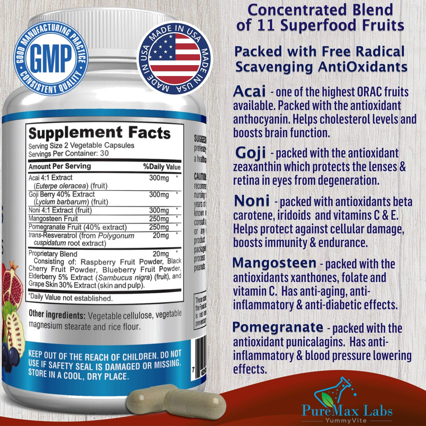 Super Antioxidant Fruit Superfood Complex - Powerful Antioxidant Superfruits, Acai, Goji, Noni, Mangosteen, Pomegranate, Elderberry, Resveratrol, - dailyvitalstore