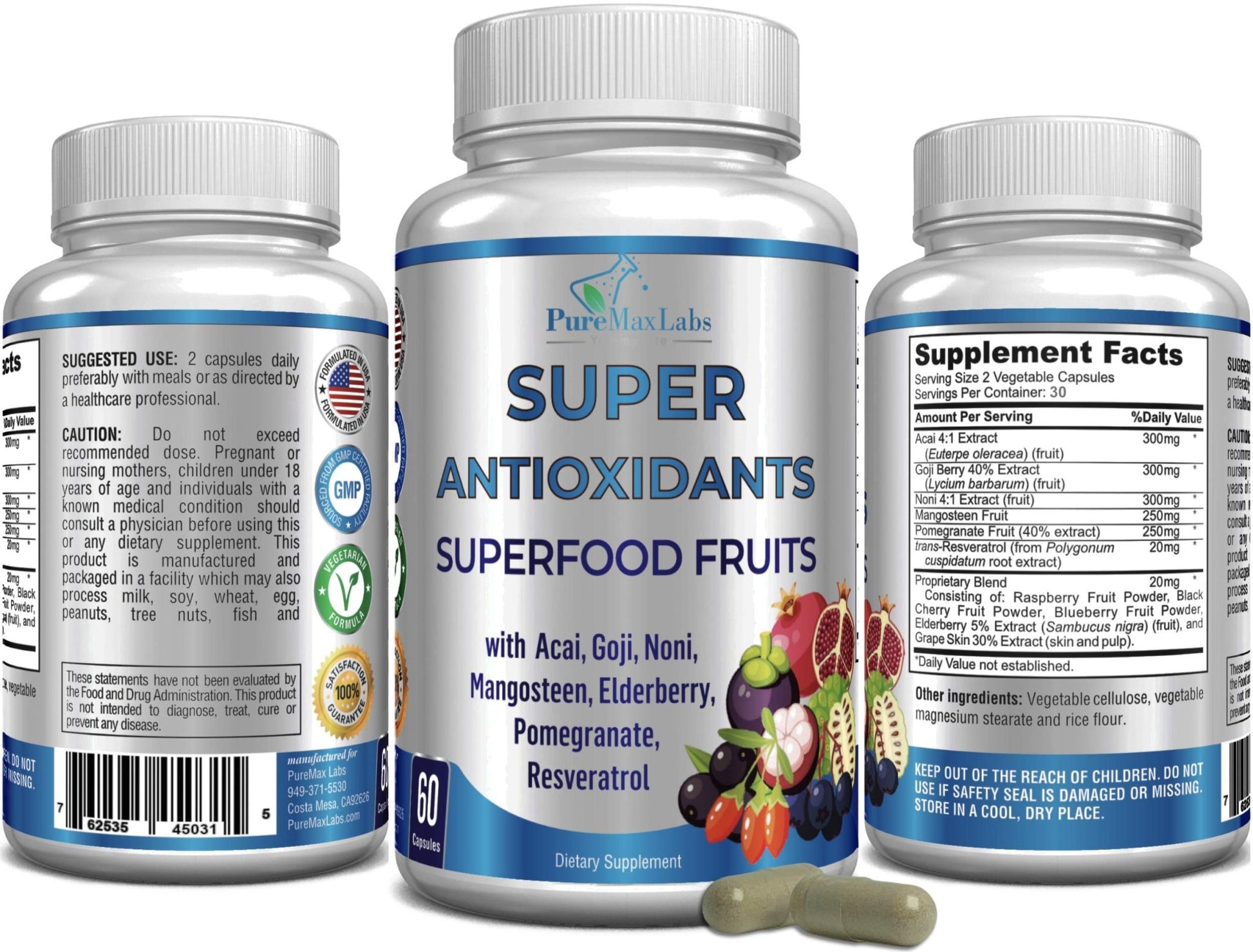 Super Antioxidant Fruit Superfood Complex - Powerful Antioxidant Superfruits, Acai, Goji, Noni, Mangosteen, Pomegranate, Elderberry, Resveratrol, - dailyvitalstore