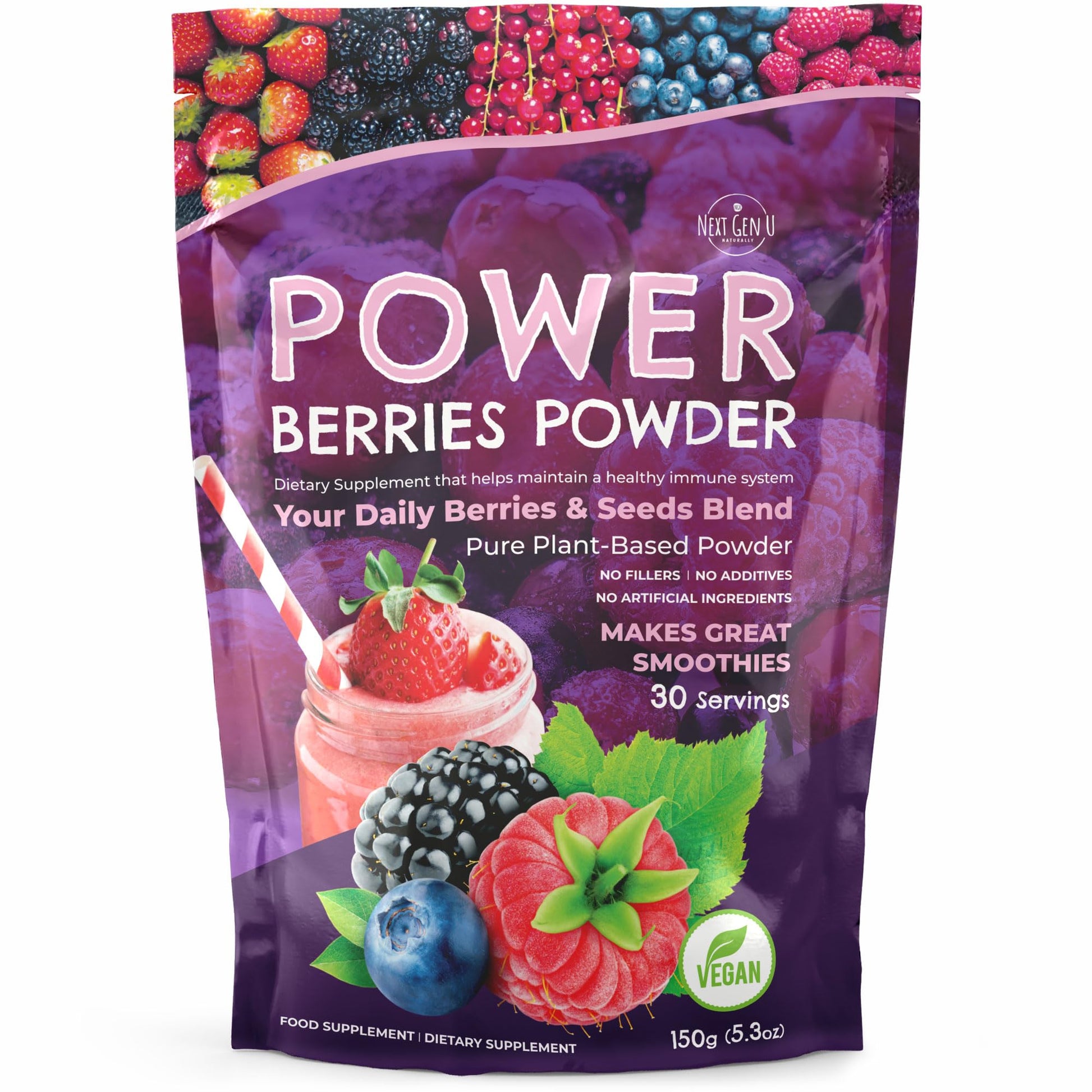 Super Berry Powder - 150g - Immune Support - Food Supplement - Superfood Berries - Smoothie Mix for Shakes - Healthy Boost for Detox Juice Beverages or Any Drink - by NextGenU - dailyvitalstore
