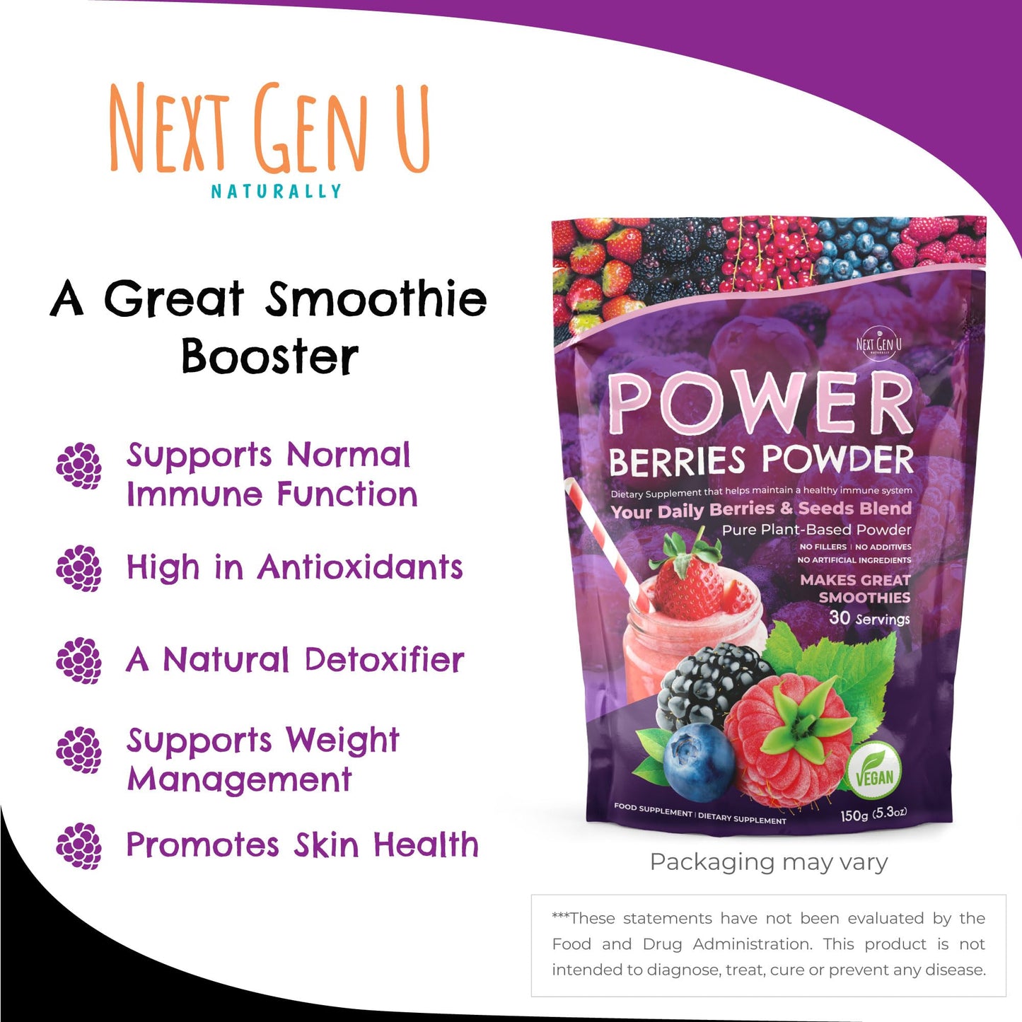 Super Berry Powder - 150g - Immune Support - Food Supplement - Superfood Berries - Smoothie Mix for Shakes - Healthy Boost for Detox Juice Beverages or Any Drink - by NextGenU - dailyvitalstore