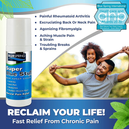 Super Blue Stuff Natural Pain Relief roll on with Emu Oil by BlueSpring- Pain relief rub Anti Inflammatory Analgesic Cream for Back, Knee, Joint, Muscle, Arthritis, and neck Pain Relief- 3 Oz roll-on. - dailyvitalstore