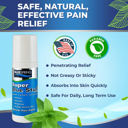 Super Blue Stuff Natural Pain Relief roll on with Emu Oil by BlueSpring- Pain relief rub Anti Inflammatory Analgesic Cream for Back, Knee, Joint, Muscle, Arthritis, and neck Pain Relief- 3 Oz roll-on. - dailyvitalstore