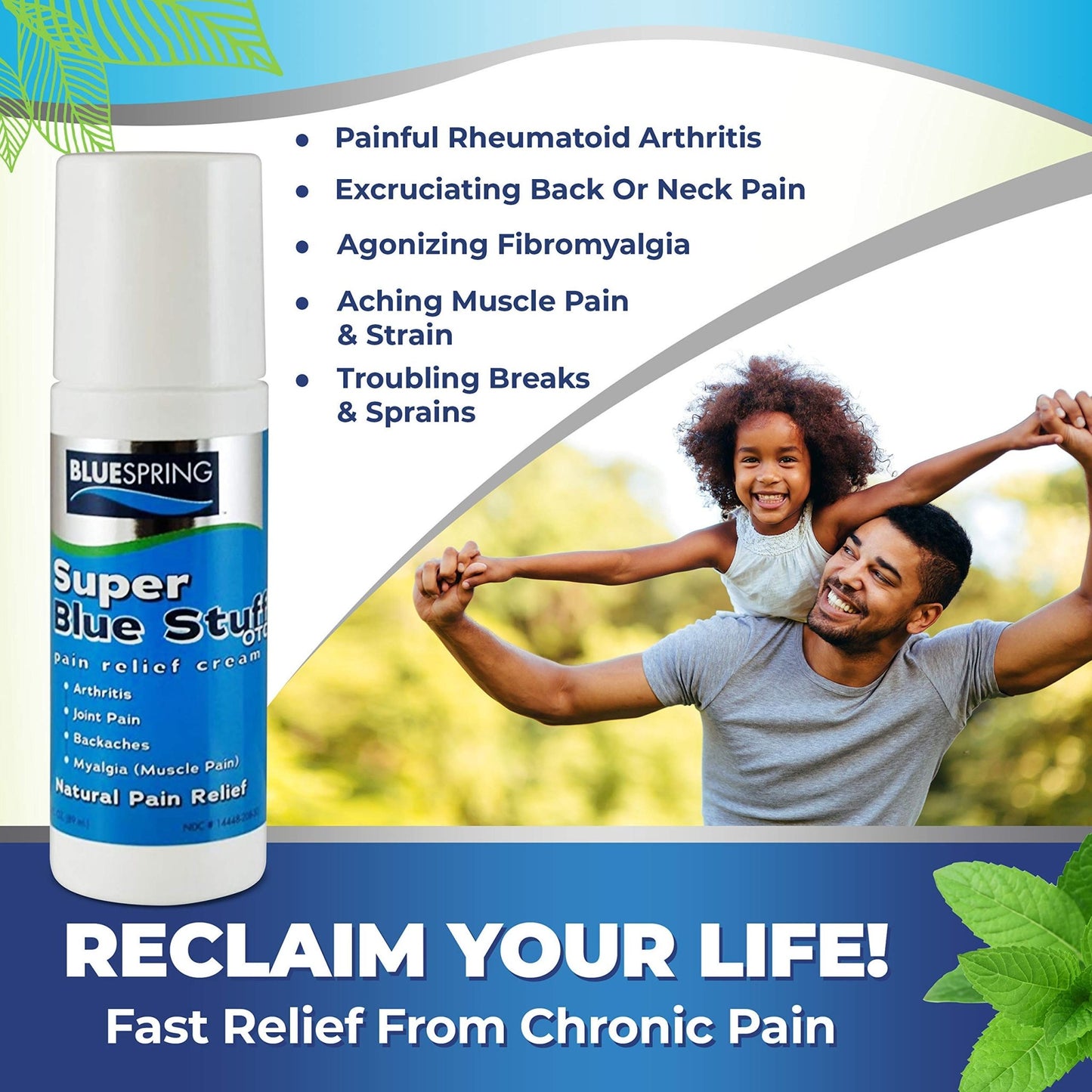 Super Blue Stuff Natural Pain Relief roll on with Emu Oil by BlueSpring- Pain relief rub Anti Inflammatory Analgesic Cream for Back, Knee, Joint, Muscle, Arthritis, and neck Pain Relief- 3 Oz roll-on. - dailyvitalstore