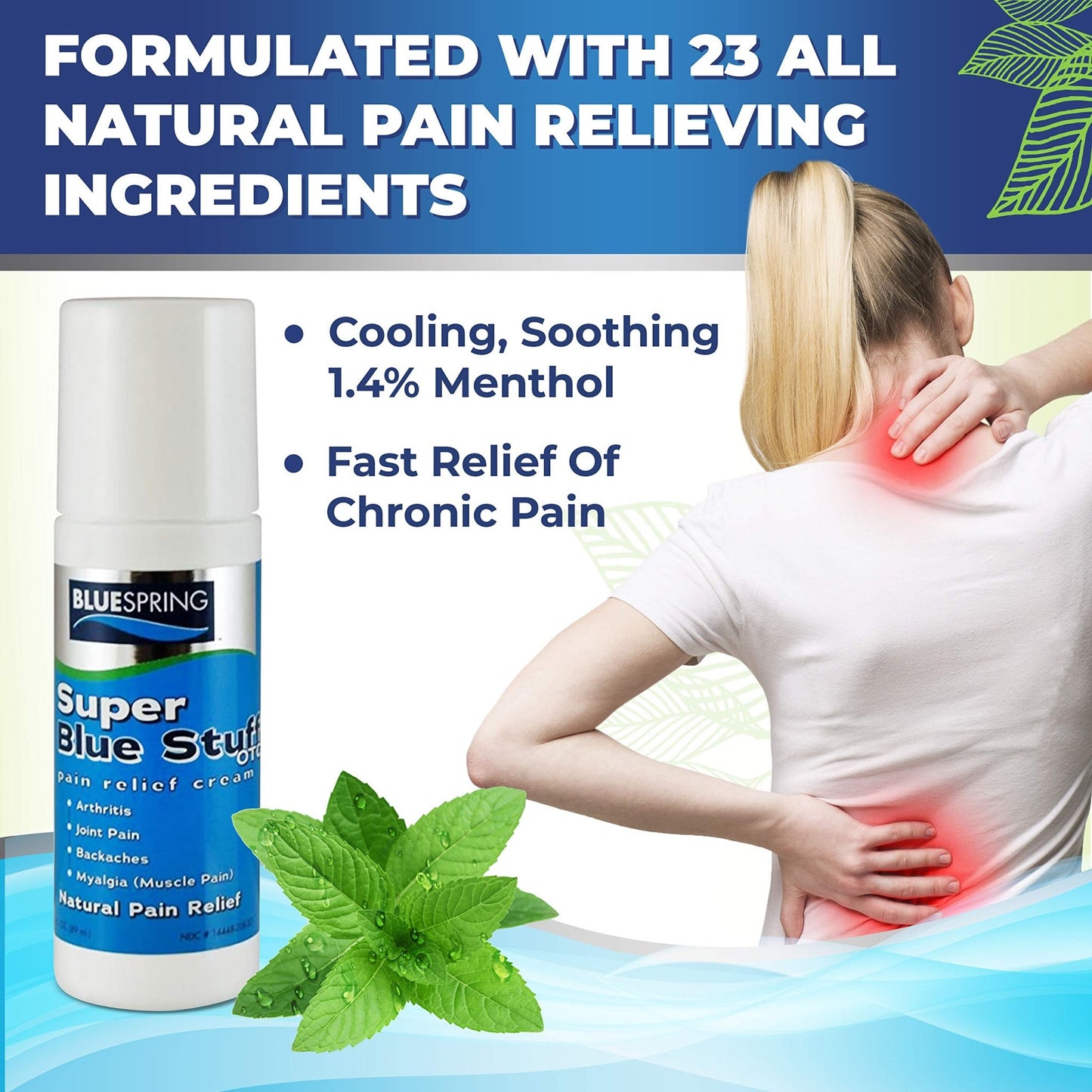 Super Blue Stuff Natural Pain Relief roll on with Emu Oil by BlueSpring- Pain relief rub Anti Inflammatory Analgesic Cream for Back, Knee, Joint, Muscle, Arthritis, and neck Pain Relief- 3 Oz roll-on. - dailyvitalstore