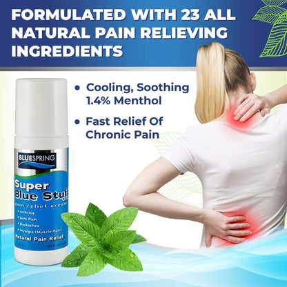 Super Blue Stuff Natural Pain Relief roll on with Emu Oil by BlueSpring- Pain relief rub Anti Inflammatory Analgesic Cream for Back, Knee, Joint, Muscle, Arthritis, and neck Pain Relief- 3 Oz roll-on. - dailyvitalstore