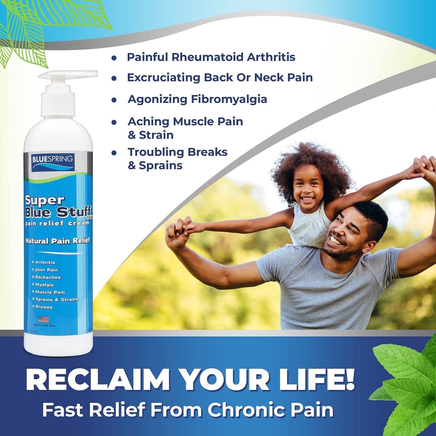 Super Blue Stuff OTC 12-oz. Pump Bottle - Natural, Made in USA, Paraben-free, Works in As Little As 5 Minutes for Joint/Muscle Pain, Backaches, Sprains/Strains, Bruises & Arthritis by Blue Spring - dailyvitalstore