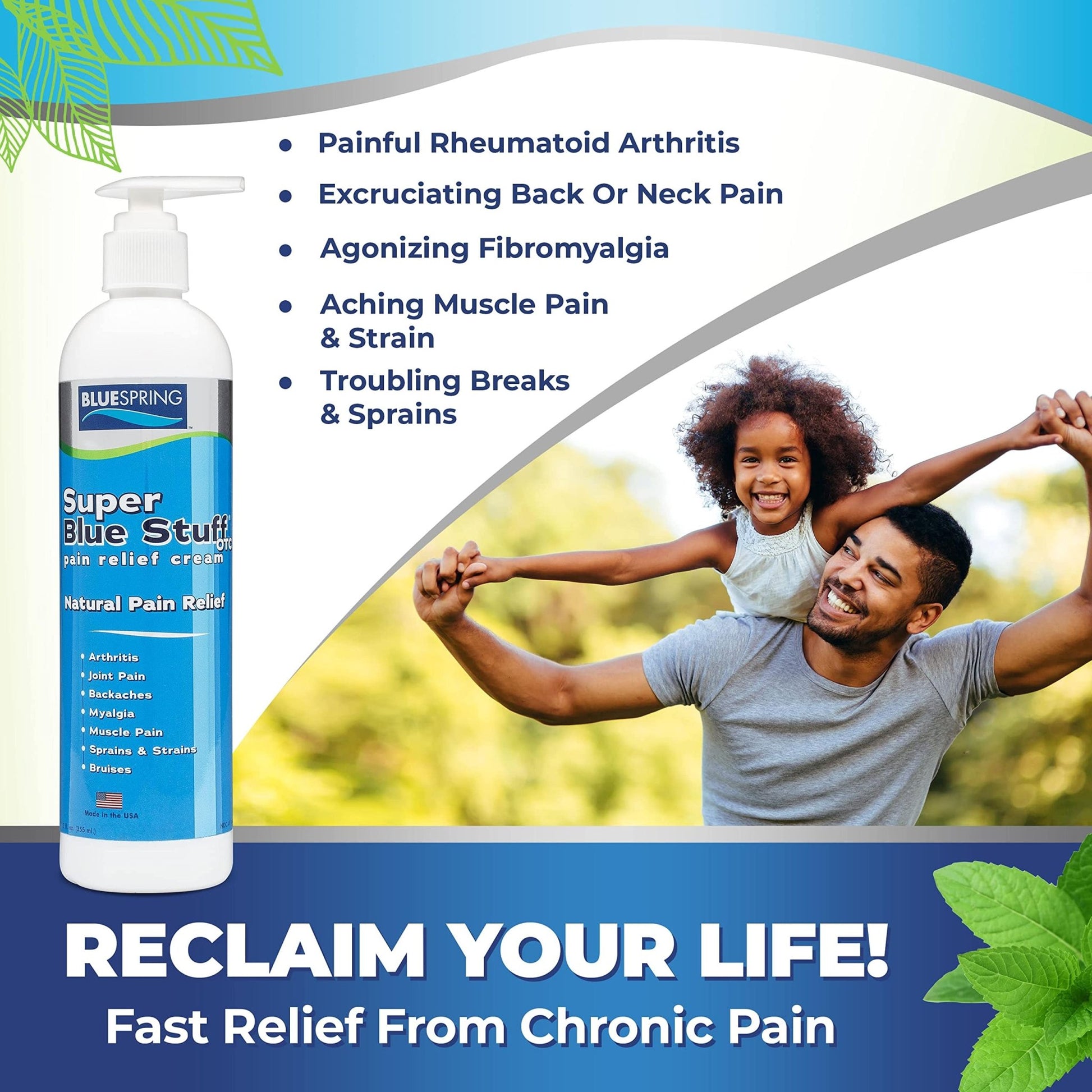 Super Blue Stuff OTC 12-oz. Pump Bottle - Natural, Made in USA, Paraben-free, Works in As Little As 5 Minutes for Joint/Muscle Pain, Backaches, Sprains/Strains, Bruises & Arthritis by Blue Spring - dailyvitalstore