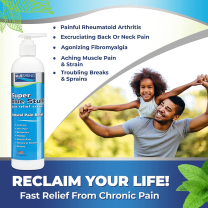 Super Blue Stuff OTC 12-oz. Pump Bottle - Natural, Made in USA, Paraben-free, Works in As Little As 5 Minutes for Joint/Muscle Pain, Backaches, Sprains/Strains, Bruises & Arthritis by Blue Spring - dailyvitalstore