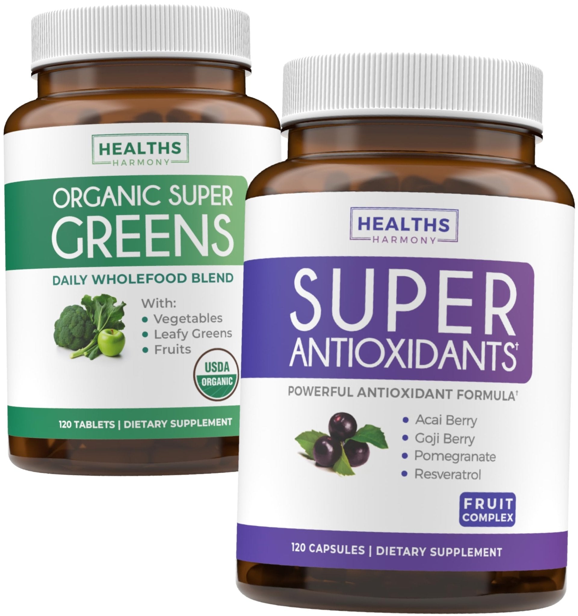 Super Greens & Antioxidants (2-Month Supply) Antioxidant Power Greens Bundle of Organic Super Greens Powder - Complete Superfood (120 Capsules) & Super Antioxidants - Powerful Superfood (120 Capsules) - dailyvitalstore
