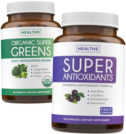 Super Greens & Antioxidants (2-Month Supply) Antioxidant Power Greens Bundle of Organic Super Greens Powder - Complete Superfood (120 Capsules) & Super Antioxidants - Powerful Superfood (120 Capsules) - dailyvitalstore