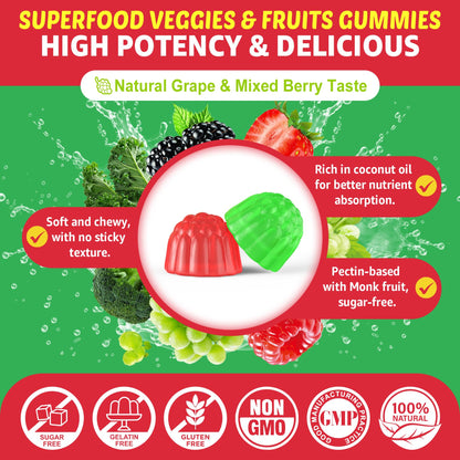 Super Greens Gummies, Daily Green Superfood Supplement w/Spirulina, Chlorella, Mushrooms, Probiotics, Multivitamins, 50+ Super Greens & Veggies Gummies to Boost Immunity, Energy & Gut Health, 120cts - dailyvitalstore