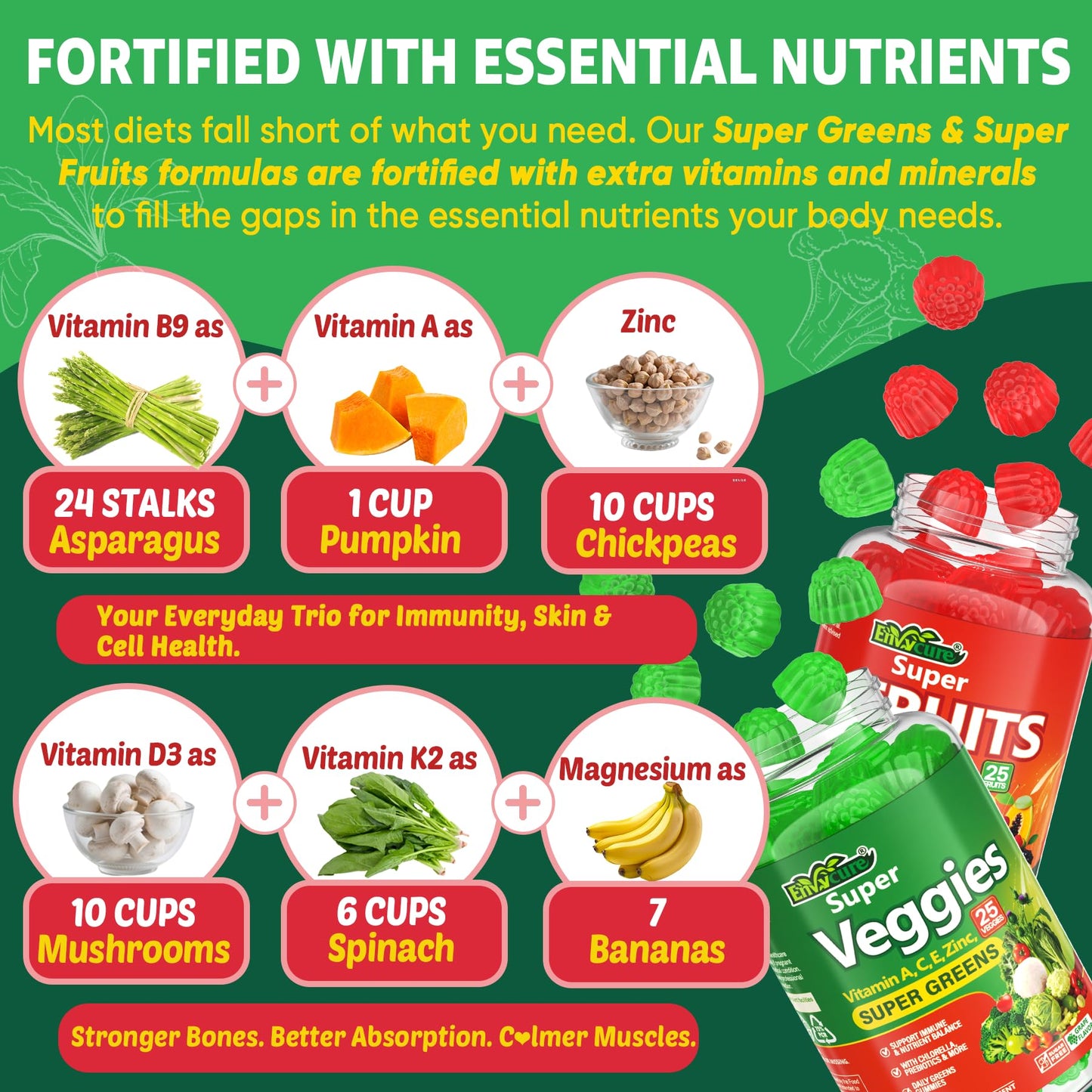 Super Greens Gummies, Daily Green Superfood Supplement w/Spirulina, Chlorella, Mushrooms, Probiotics, Multivitamins, 50+ Super Greens & Veggies Gummies to Boost Immunity, Energy & Gut Health, 120cts - dailyvitalstore