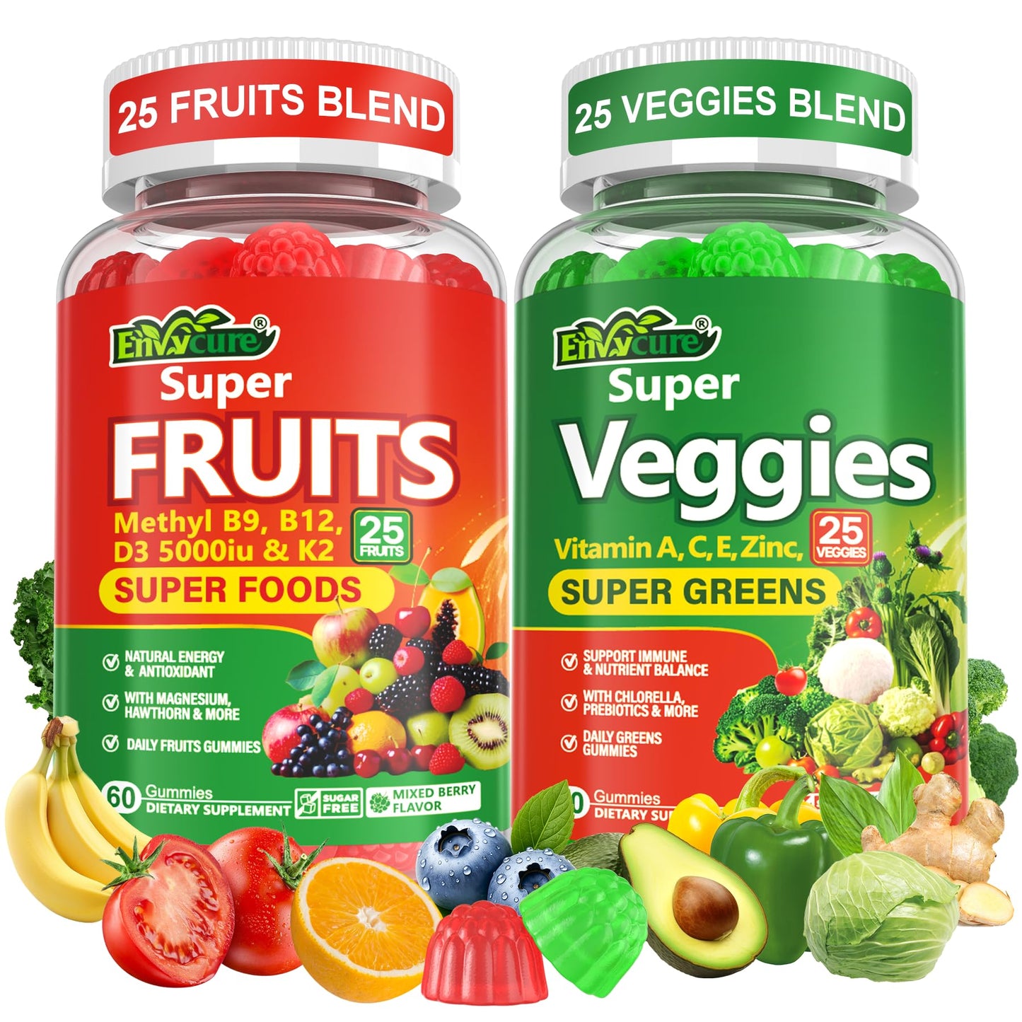 Super Greens Gummies, Daily Green Superfood Supplement w/Spirulina, Chlorella, Mushrooms, Probiotics, Multivitamins, 50+ Super Greens & Veggies Gummies to Boost Immunity, Energy & Gut Health, 120cts - dailyvitalstore