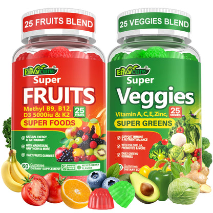 Super Greens Gummies, Daily Green Superfood Supplement w/Spirulina, Chlorella, Mushrooms, Probiotics, Multivitamins, 50+ Super Greens & Veggies Gummies to Boost Immunity, Energy & Gut Health, 120cts - dailyvitalstore