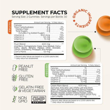 Super Greens + Super Fruits Gummies (Fruits/Greens Powder in Gummies Form) - 600mg Greens Blend + 600mg Fruits Blend for Immune Support, Sugar Free, Vegetarian, Non-GMO, 2-Pack (120 Gummies) - dailyvitalstore