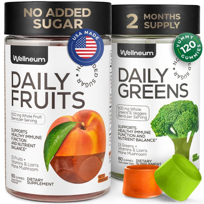 Super Greens + Super Fruits Gummies (Fruits/Greens Powder in Gummies Form) - 600mg Greens Blend + 600mg Fruits Blend for Immune Support, Sugar Free, Vegetarian, Non-GMO, 2-Pack (120 Gummies) - dailyvitalstore