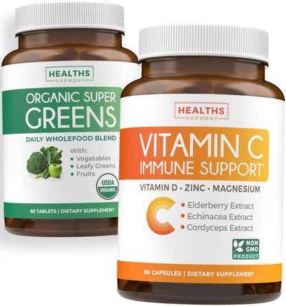 Super Greens & Vitamin C (1-Month Supply) Greens & C Synergy Bundle of Organic Super Greens Powder - Complete Superfood (60 Capsules) & & Vitamin C Immune Support (60 Vegetarian Caps)(Non-GMO) - dailyvitalstore