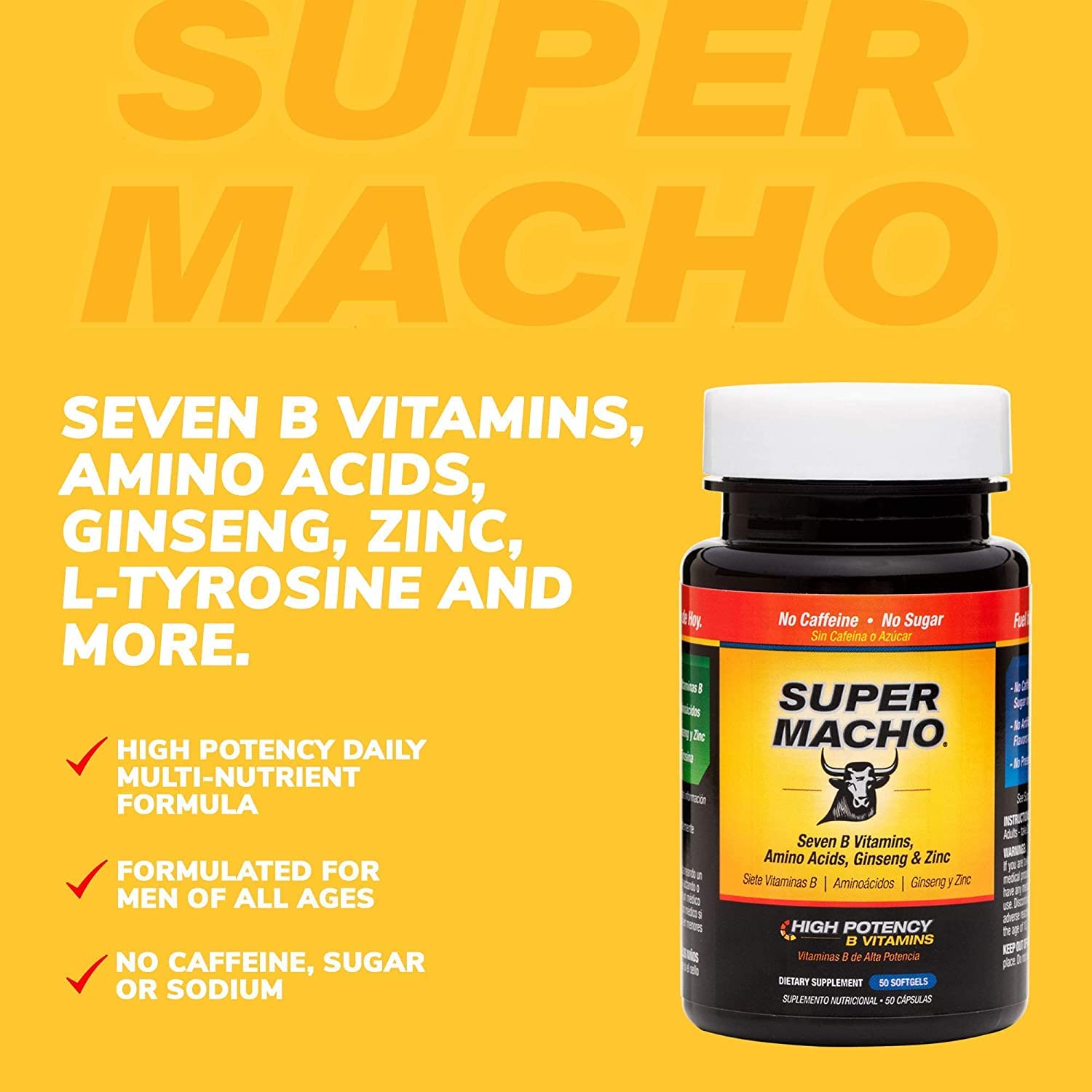 Super Macho Dietary Supplement with High Potency Zinc & 7 B Vitamins, No Preservatives, Sugar or Caffeine, Made in USA, 50 Softgels (3 Pack) - dailyvitalstore