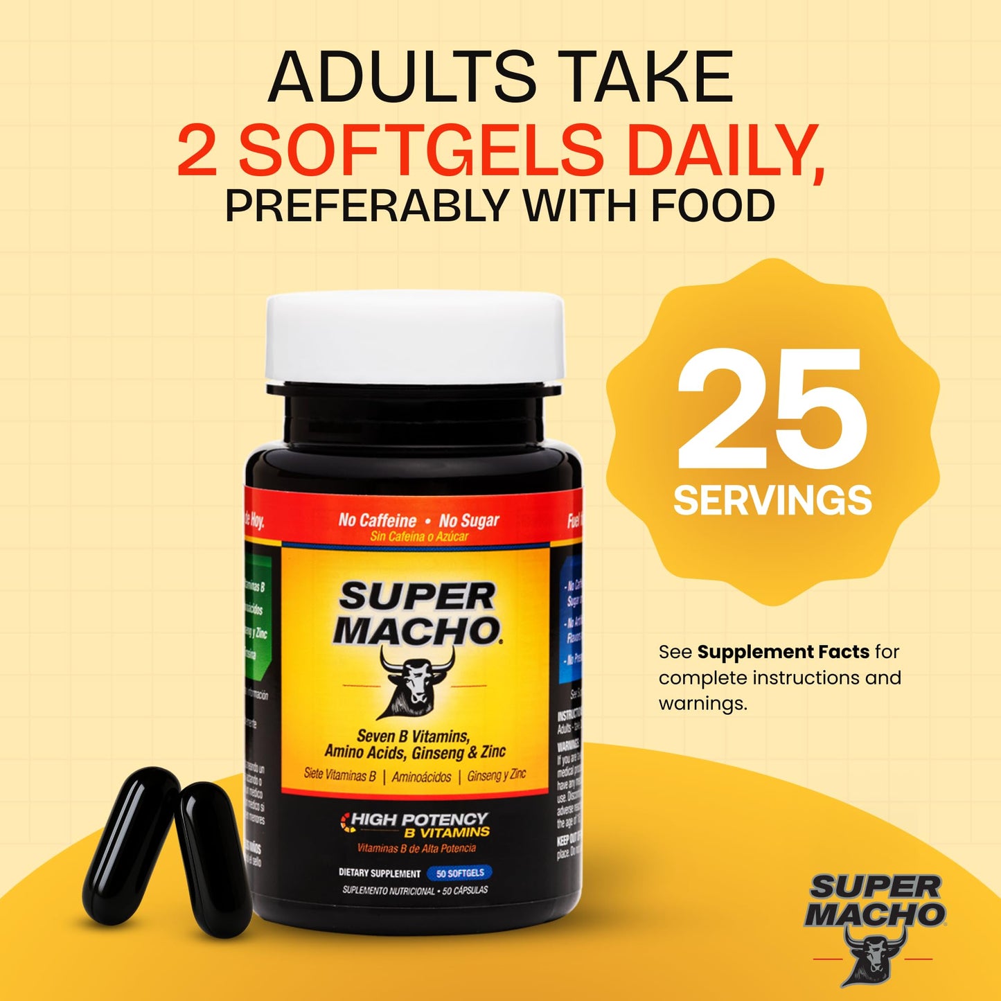 Super Macho, High Potency B Vitamins and Amino Acids, Fuel for Today's Active Men, No Caffeine, No Sugar, Dietary Supplement, Made in USA,50 Softgels - dailyvitalstore