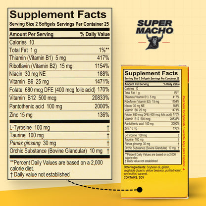 Super Macho, High Potency B Vitamins and Amino Acids, Fuel for Today's Active Men, No Caffeine, No Sugar, Dietary Supplement, Made in USA,50 Softgels - dailyvitalstore