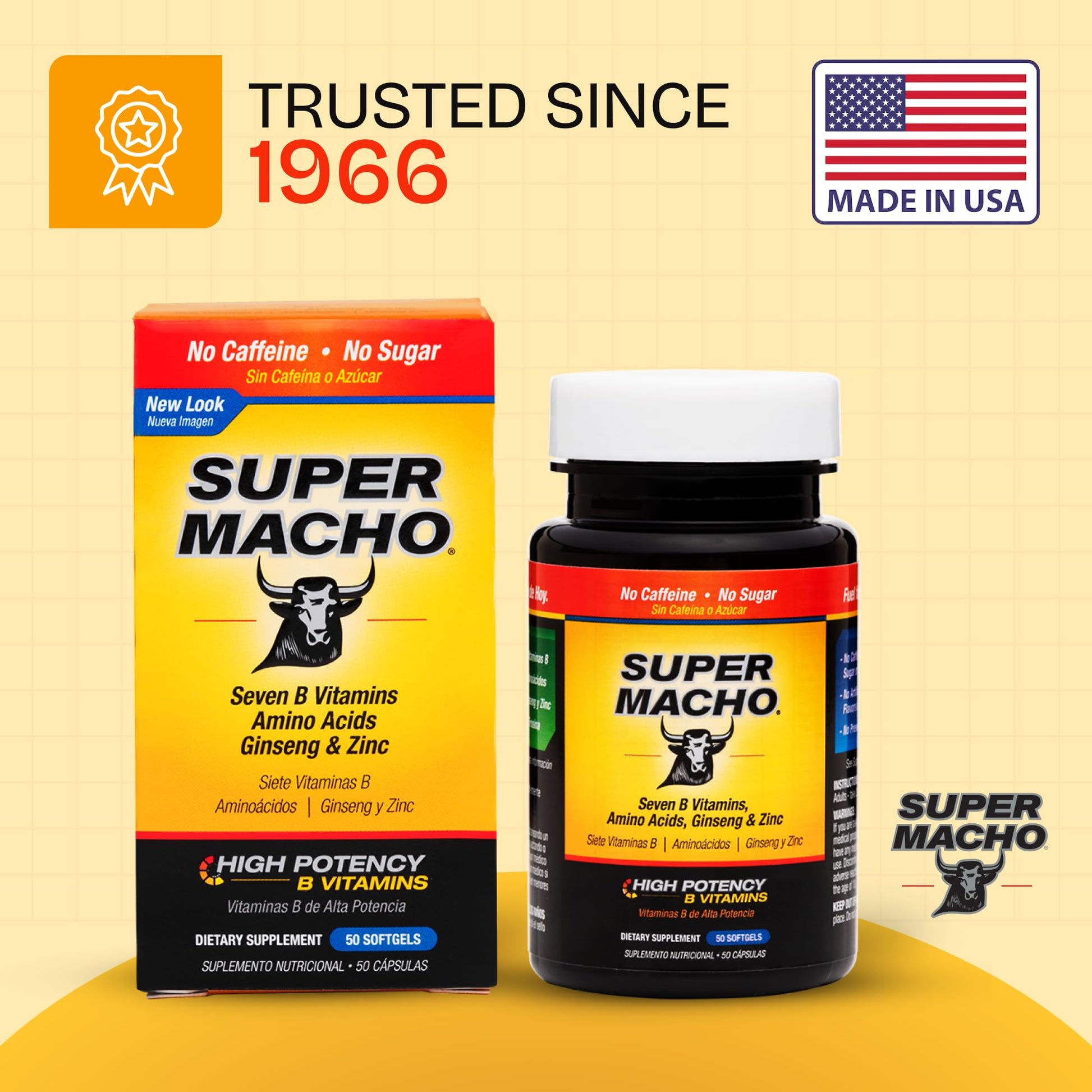 Super Macho, High Potency B Vitamins and Amino Acids, Fuel for Today's Active Men, No Caffeine, No Sugar, Dietary Supplement, Made in USA,50 Softgels - dailyvitalstore