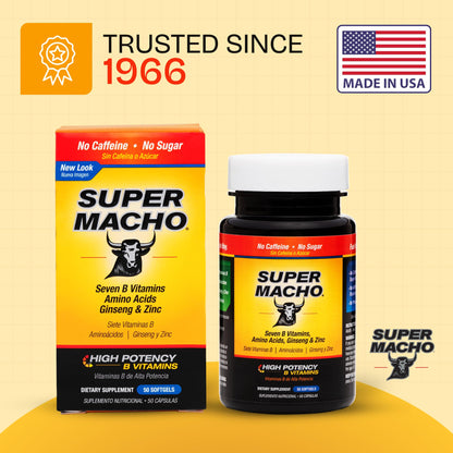 Super Macho, High Potency B Vitamins and Amino Acids, Fuel for Today's Active Men, No Caffeine, No Sugar, Dietary Supplement, Made in USA,50 Softgels - dailyvitalstore