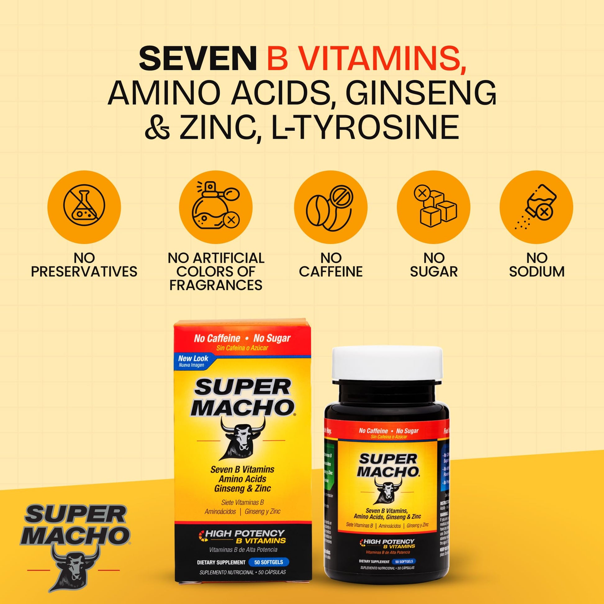 Super Macho, High Potency B Vitamins and Amino Acids, Fuel for Today's Active Men, No Caffeine, No Sugar, Dietary Supplement, Made in USA,50 Softgels - dailyvitalstore